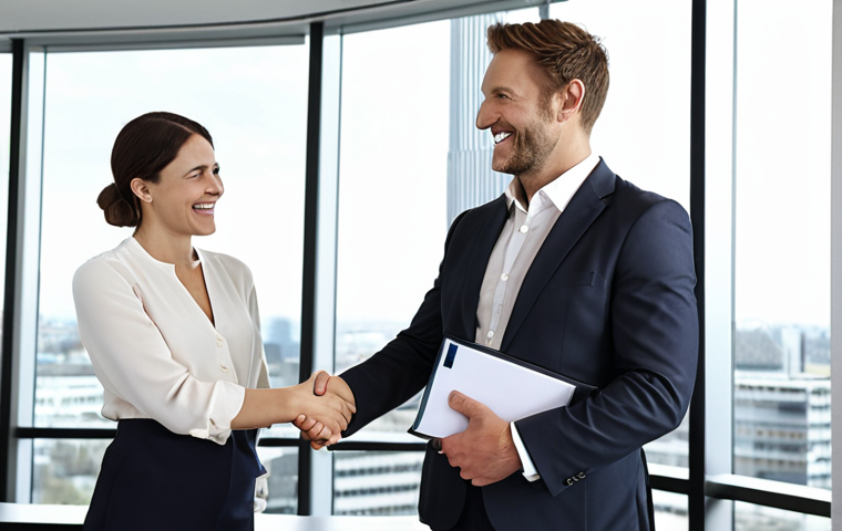 ** A confident financial consultant shaking hands with a client in a modern office setting. The consultant is holding a CFA charter and is smiling.

**