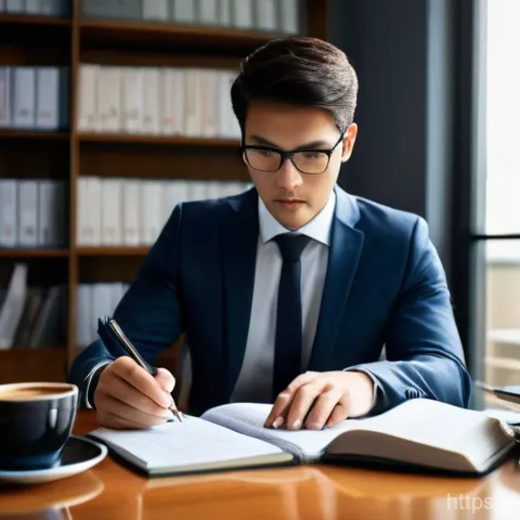 CFA 자격증으로 투자은행 취업 - A focused young professional, dressed in smart casual business attire, sits at a well-lit desk, surr...