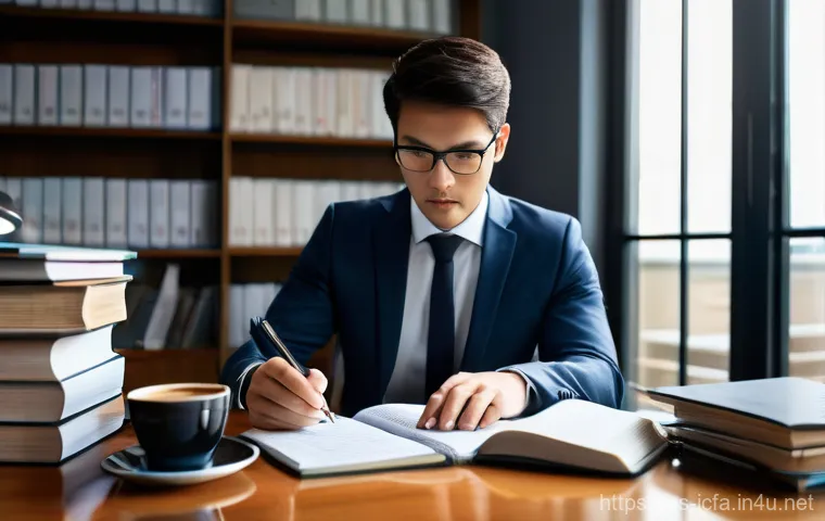 CFA 자격증으로 투자은행 취업 - A focused young professional, dressed in smart casual business attire, sits at a well-lit desk, surr...