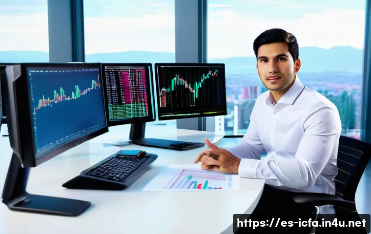 CFA 직무 인터뷰 준비법 - A professional young Hispanic man in business attire sitting confidently at a modern office desk wit...
