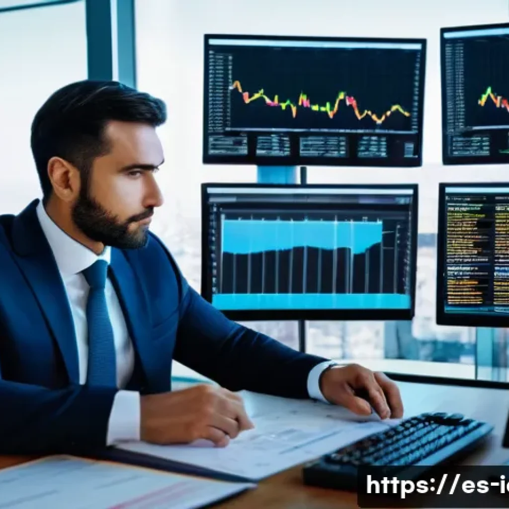 CFA 자격증으로 진출 가능한 직무 - A sophisticated financial analyst in a modern Madrid office, wearing professional business attire in...