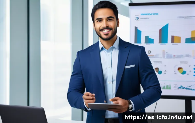 CFA 취득 후 이직 성공 팁 - A professional Hispanic man in business attire confidently presenting his unique value proposition i...