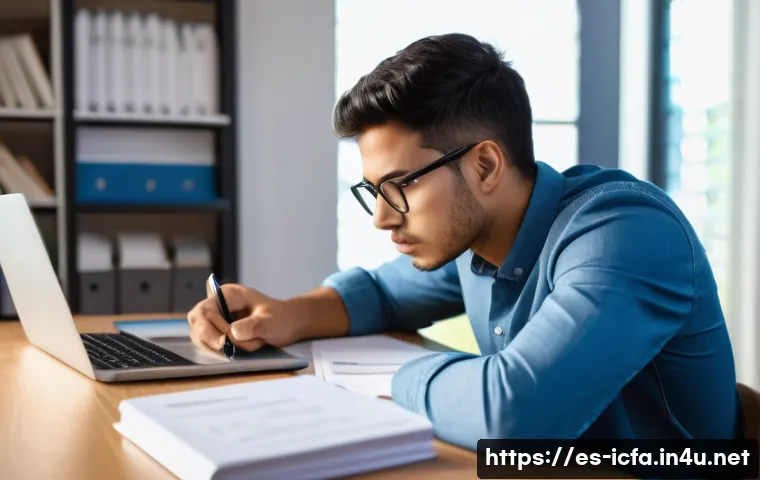 CFA 시험 시뮬레이션의 필요성 - A focused young Hispanic professional sitting at a modern study desk in a cozy home office, surround...