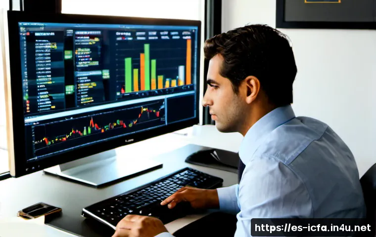 CFA와 옵션 거래의 연관성 - Photorealistic financial analyst in a modern Madrid office, studying an options trading setup on a c...