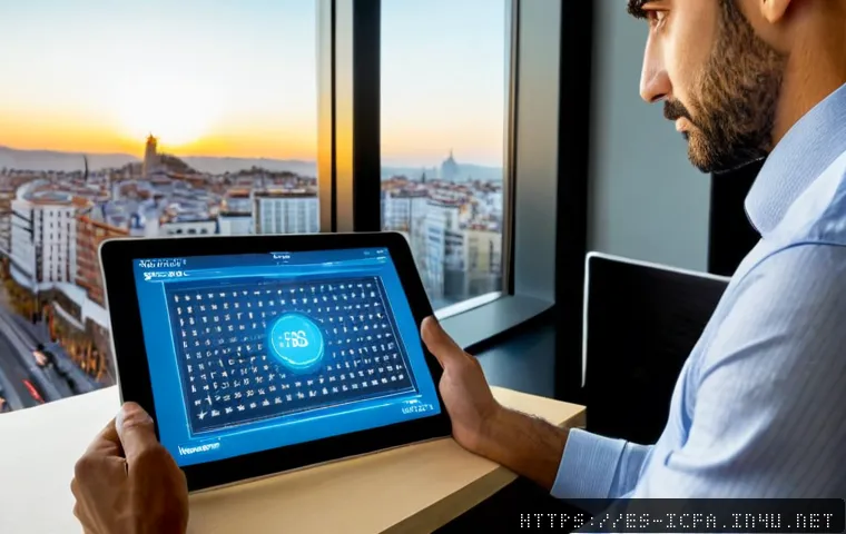 CFA와 블록체인의 활용 사례 - Photorealistic financial analyst in a modern Madrid office, reviewing a transparent tablet with abst...